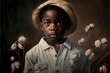 black boy cotton collector generative ai portrait - obrazy, fototapety, plakaty