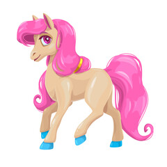 Obraz na płótnie Canvas Cute cartoon little yong horse with pink hair