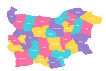 Bulgaria political map of administrative divisions - provinces and regions. Colorful vector map with labels.