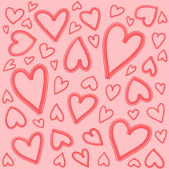 Cute sweet pink red hearts as line art doodle romantic seamless pattern background backdrop wallpaper, illustration of love for Valentine's Day