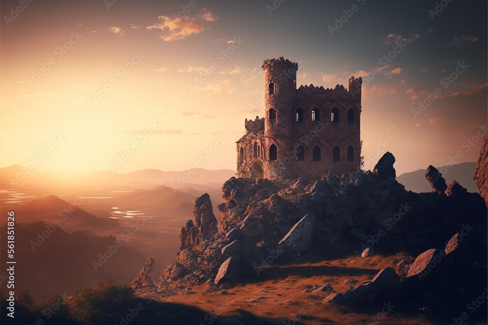 Poster a castle on a rocky mountain with a sunset in the background and a few clouds in the sky above it, w