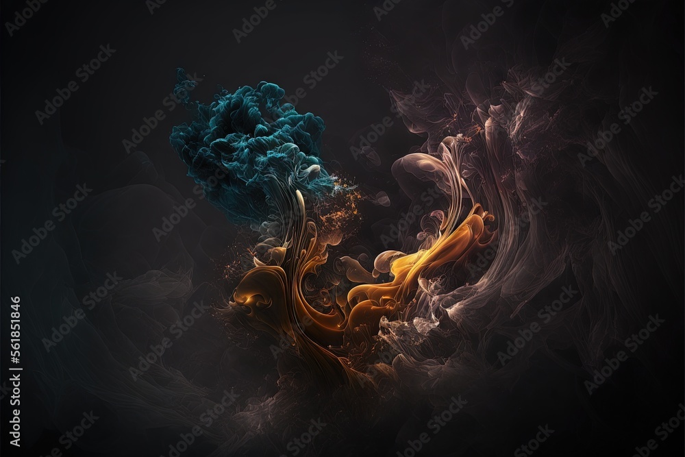 Poster a black background with a blue and yellow substance in the middle of it and a black background gener