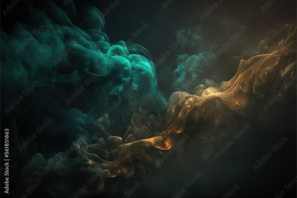 Poster a dark background with a lot of smoke and a yellow light in the middle of the image, with a black ba