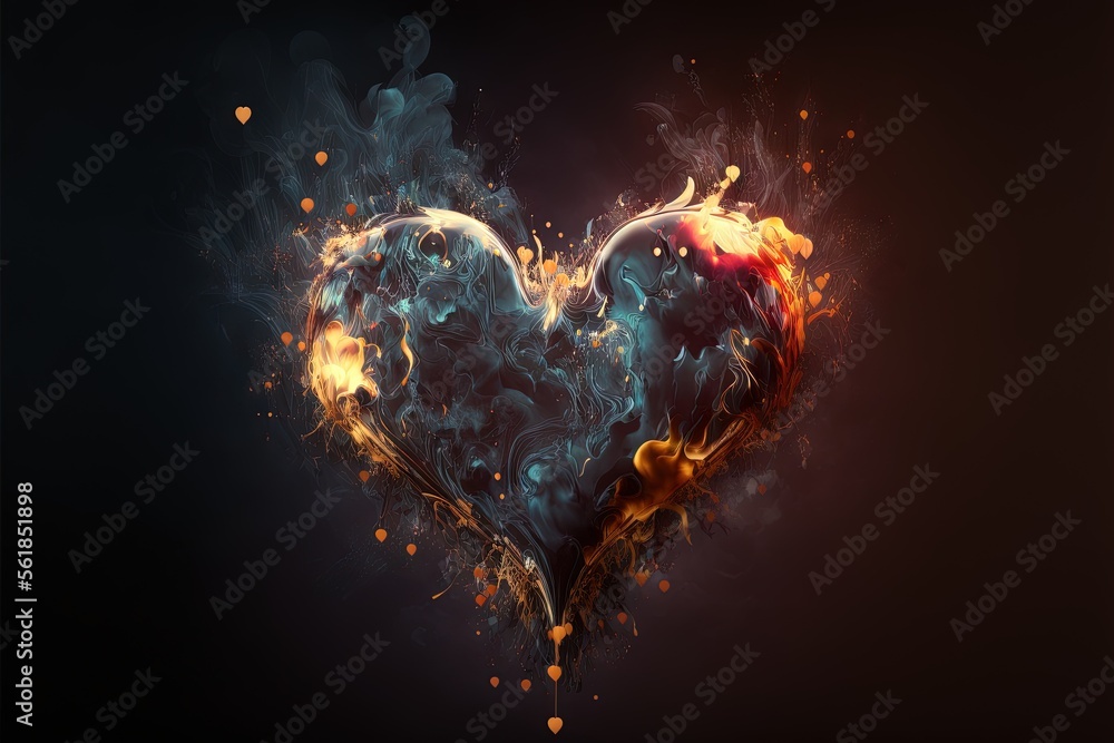 Poster a heart shaped fire and smoke with a black background and a black background with a red and blue hea