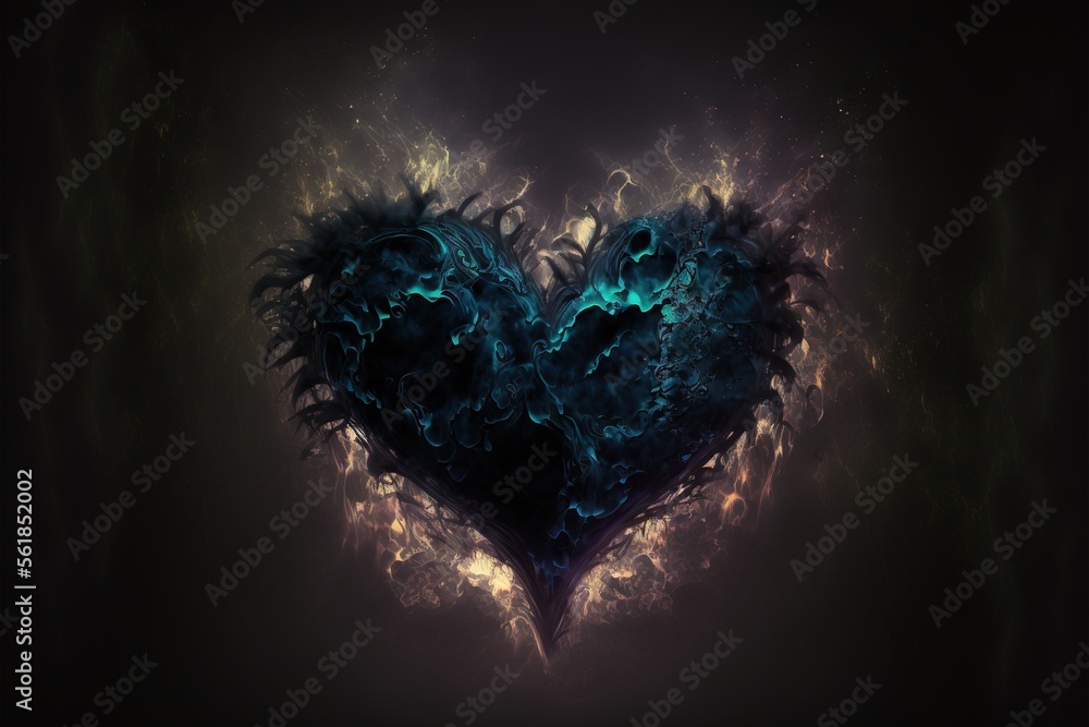 Poster a heart shaped object with a lot of smoke and flames around it in the dark night sky with a black ba