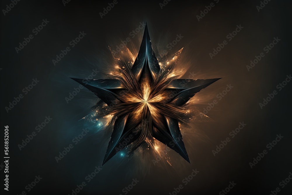 Poster a star shaped object with a lot of lights on it's side and a black background with a yellow center a