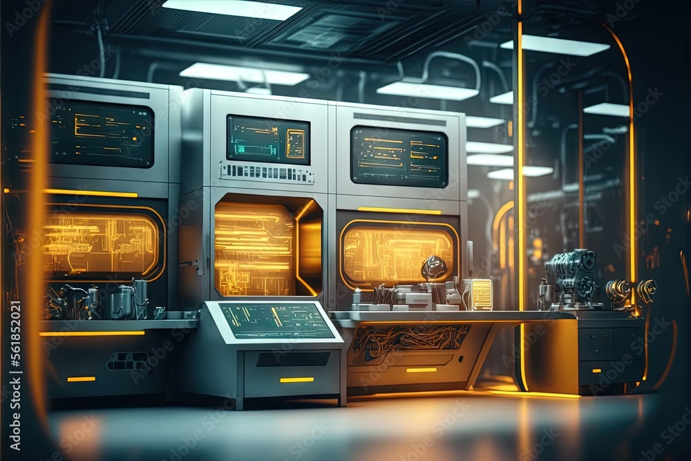 Poster a futuristic room with a computer and a large screen on the wall and a yellow light coming from the 