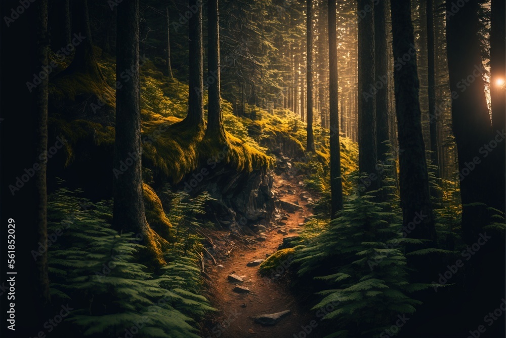 Poster a path in the woods with a light shining on it's side and trees on either side of it, with a trail i
