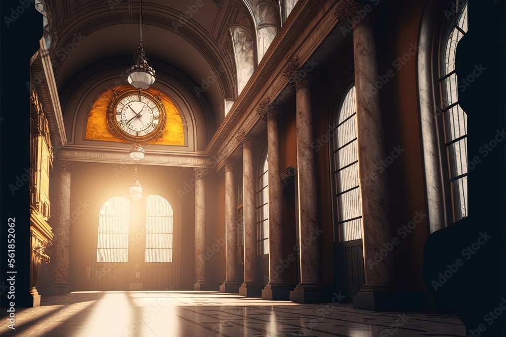 Poster  a large room with a clock and a large window in it's center area with columns and a floor that has a marble floor and a light shining in the middle of the room. generative ai