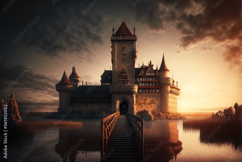 Poster a castle with a staircase leading to it on a lake at sunset or dawn with clouds in the sky above it 