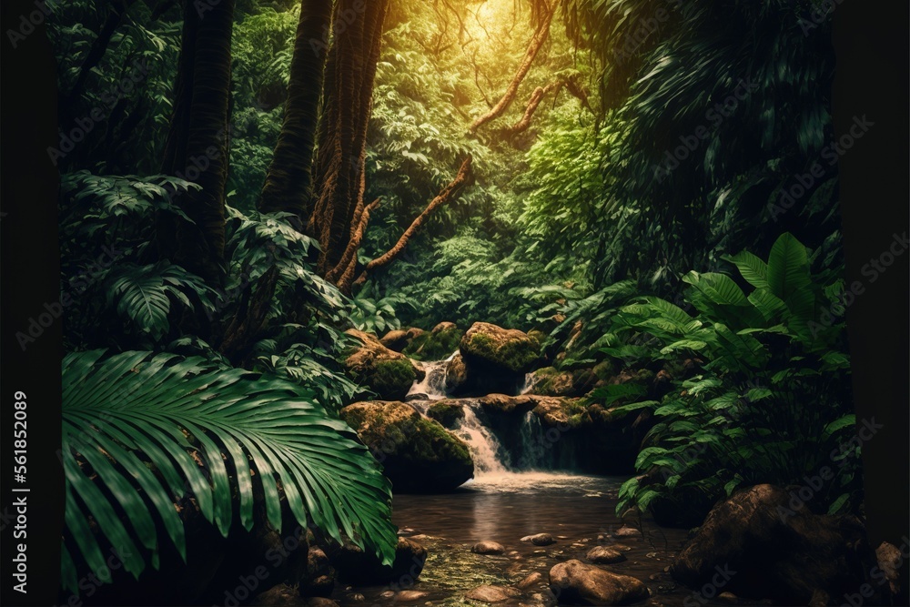 Poster a stream running through a lush green forest filled with trees and rocks, with a waterfall running t