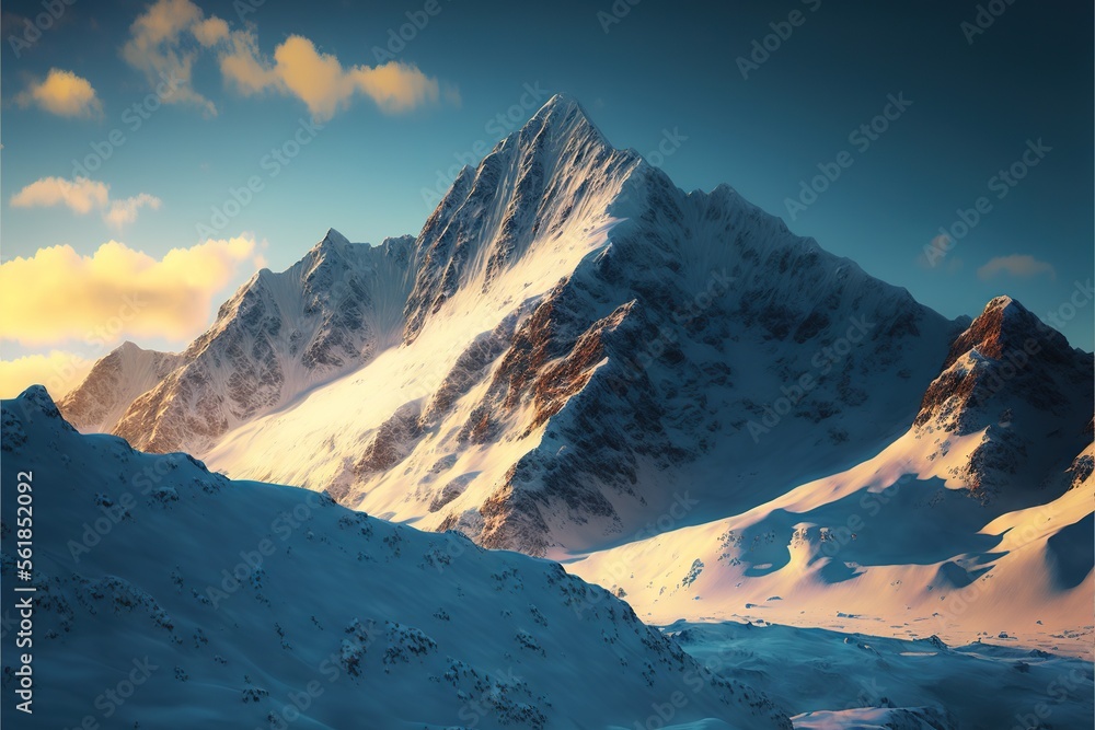 Poster a mountain range covered in snow under a cloudy sky with clouds in the background and a blue sky wit