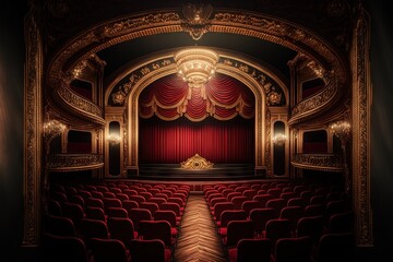  a theater with a red curtain and a stage with a red curtain and a red curtain and a gold trim around the seats and a gold framed doorway with a red curtain and gold trim. generative ai