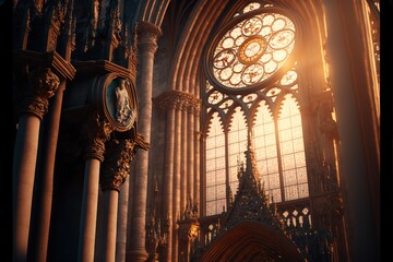  a large cathedral with a clock and a large window in it's center area with columns and arches in front of it, and a sun shining through the window, with a clock. generative ai - obrazy, fototapety, plakaty