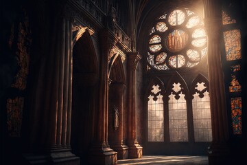  a large cathedral with a large window and a clock on the wall and a light shining through the windows on the wall and floor below it, and a large arched window with a cross. generative ai