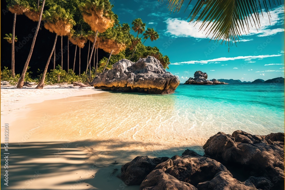 Poster a beach with a rock formation and palm trees on the shore of the ocean with a blue sky and white san