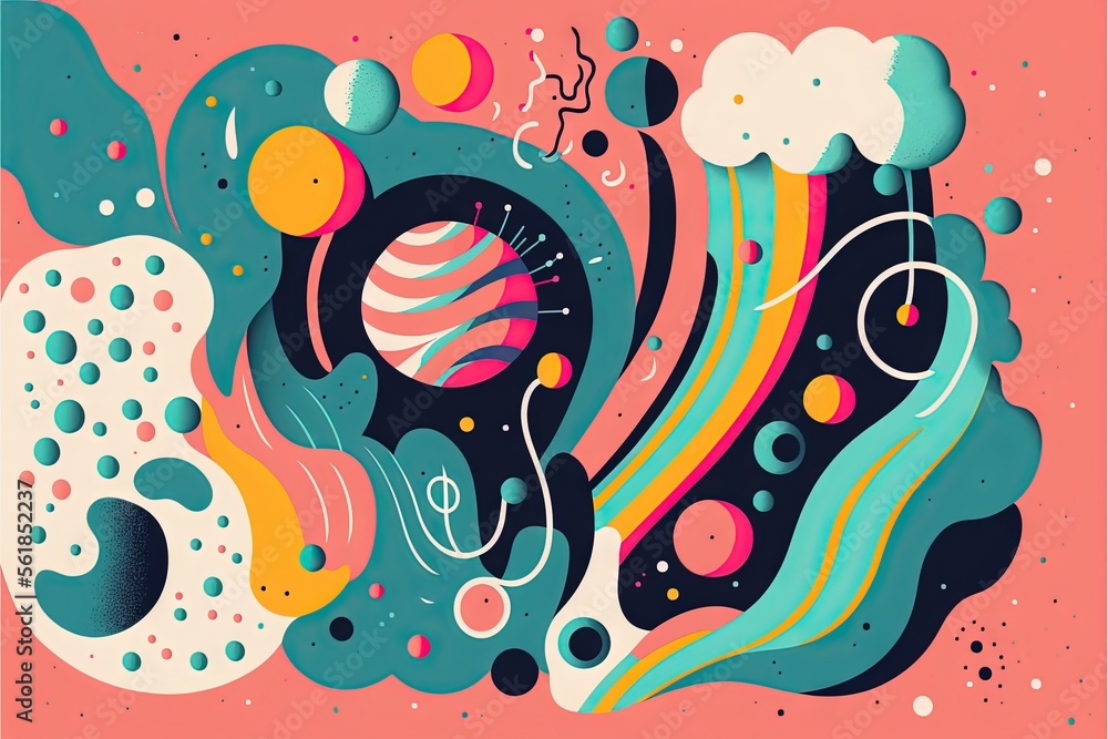 Poster a colorful abstract painting with a pink background and a blue sky with clouds and stars and a rainb