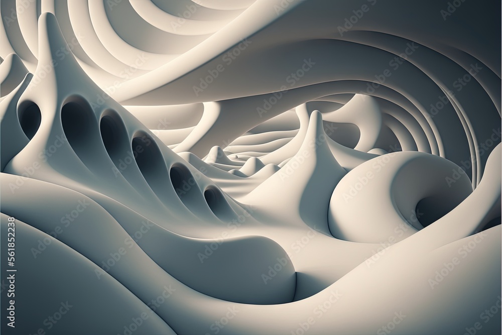 Poster a very abstract picture of a white and black landscape with curves and curves on it's surface, with 