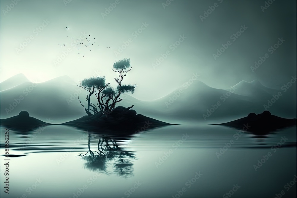 Poster a black and white photo of a lake with a tree in the middle of it and mountains in the background wi