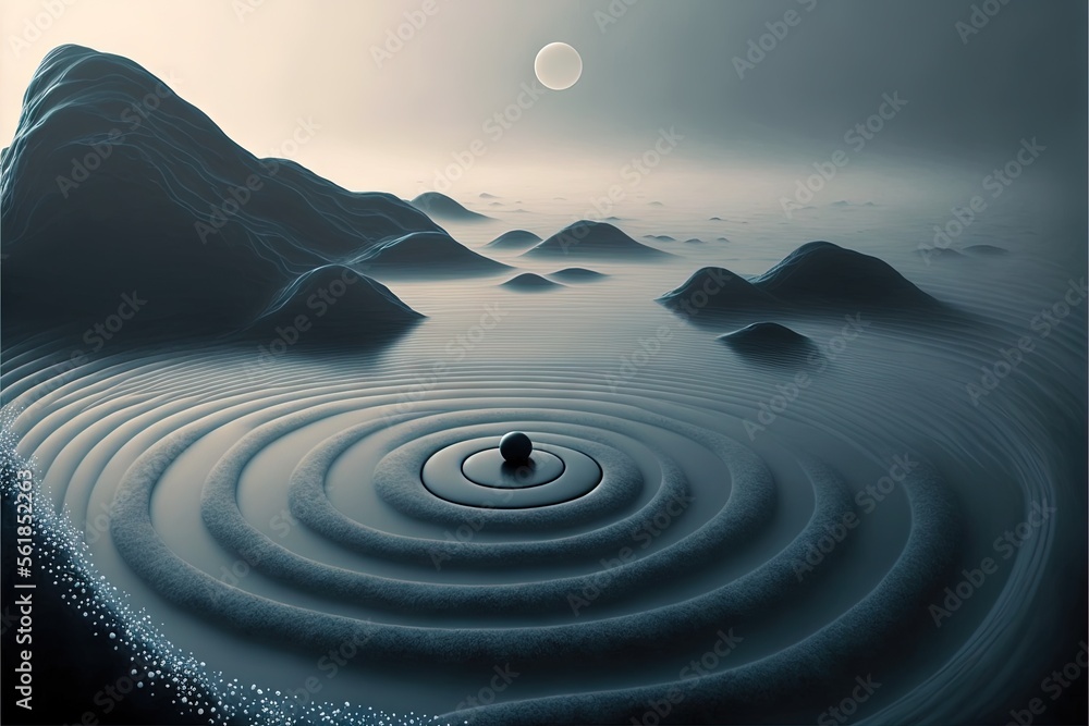 Poster a painting of a person in a body of water with a circle of water in the middle of it and a mountain 