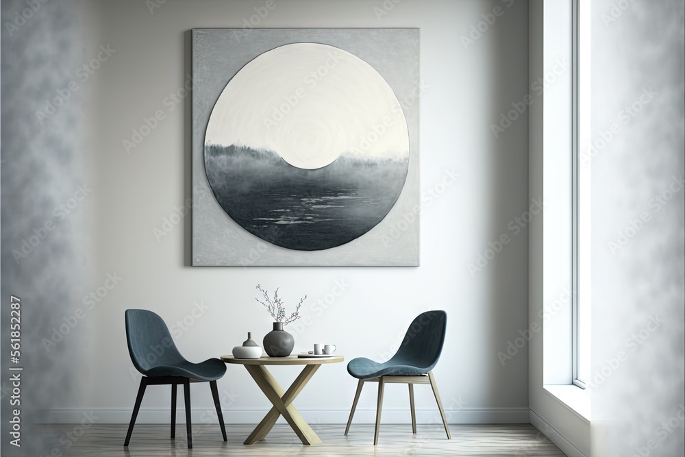 Poster a painting on a wall above a table with two chairs and a vase on it in a room with a window and a ta