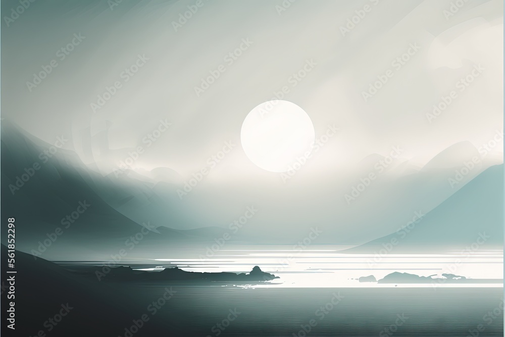 Poster a painting of a sun setting over a body of water with mountains in the background and a sky with clo