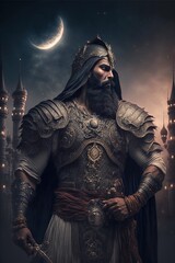Fototapeta premium An Arabian knight wearing ancient arab clothing with ornaments and minimal details generative ai wallpaper background