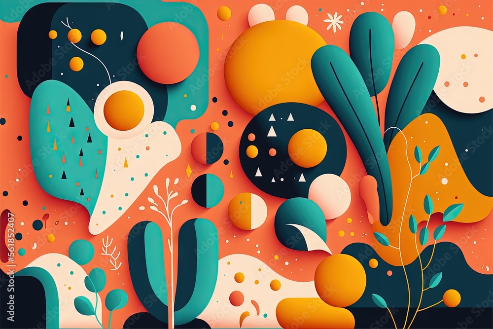 Aufkleber a colorful abstract painting with plants and rocks on a pink background with a black border and a wh