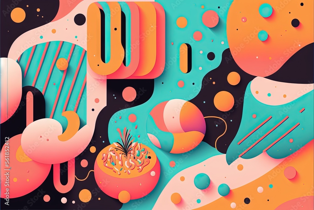 Poster a colorful abstract painting with a tomato and other objects on it's surface, including a blue backg