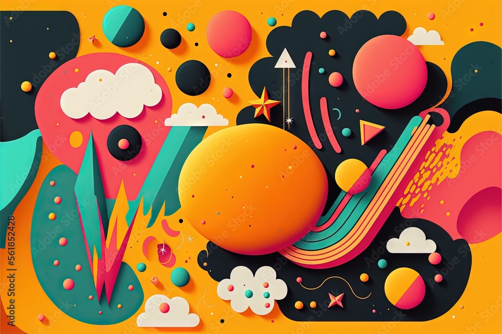 Poster a colorful abstract painting with a yellow background and a black background with a white arrow and 