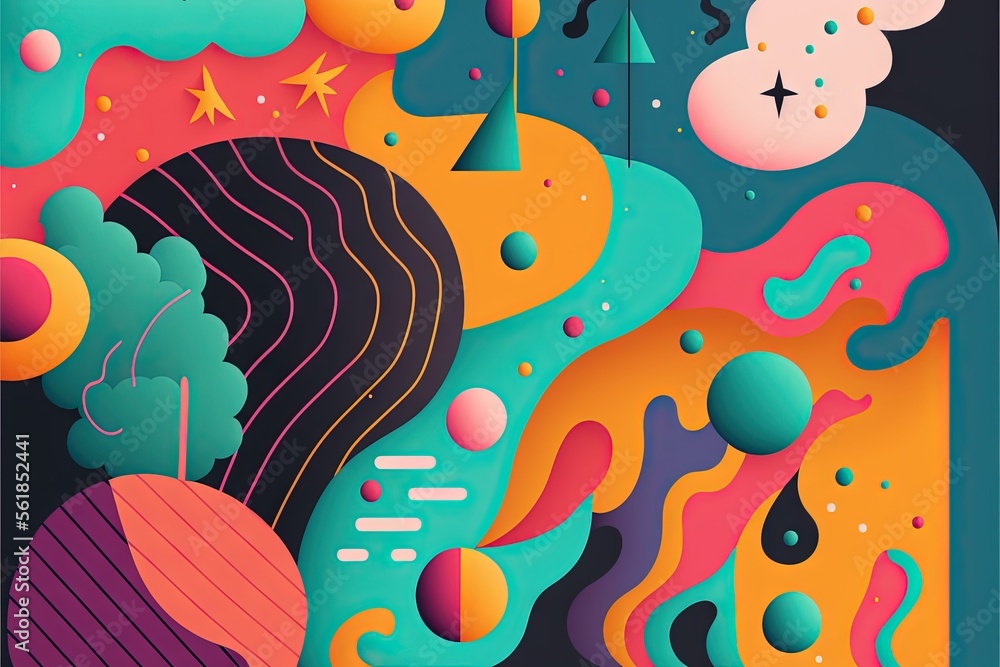 Poster a colorful abstract painting with a black background and a blue sky with stars and clouds and a tree