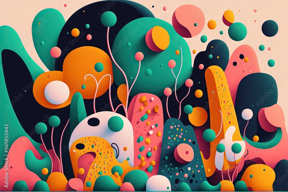 Poster a painting of a bunch of different colored shapes and sizes of plants and flowers on a pink backgrou