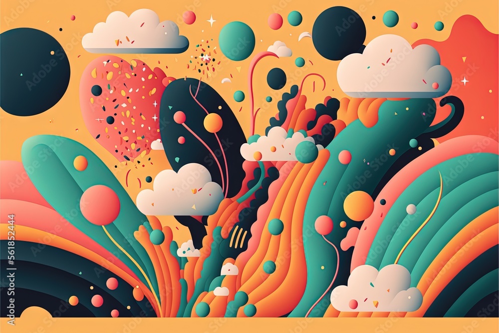 Poster a colorful abstract painting with clouds and stars in the sky and a yellow background with a black a