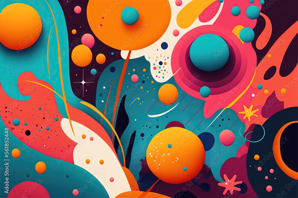 Poster a painting of a colorful abstract design with circles and bubbles on a black background with stars a