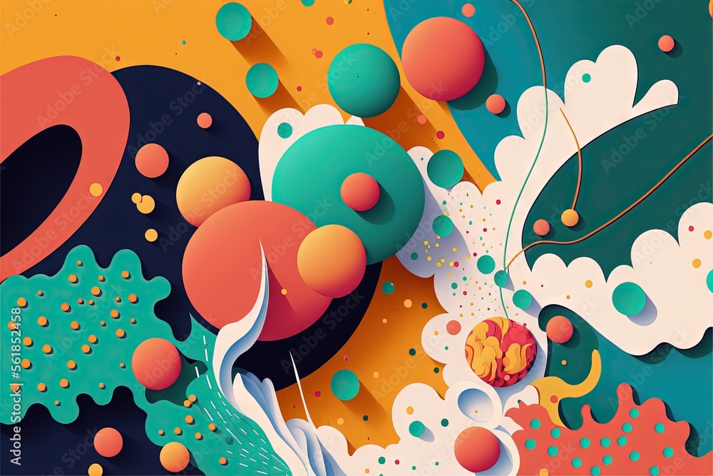 Poster a painting of a colorful abstract design with circles and bubbles on a yellow background with a blue