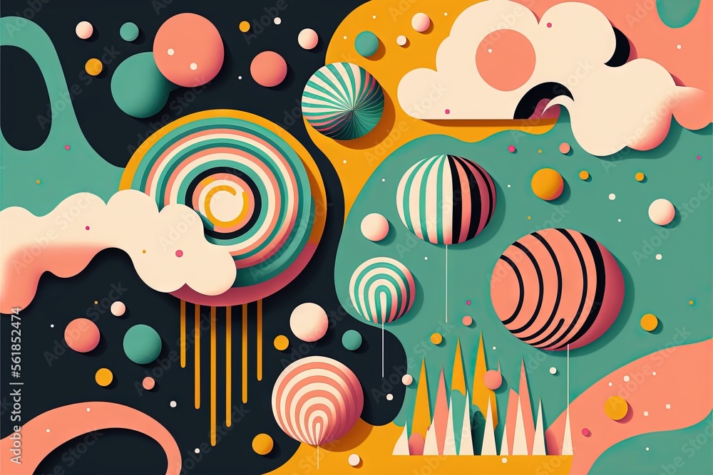 Poster an abstract painting with a variety of colorful circles and clouds on a black background the paintin