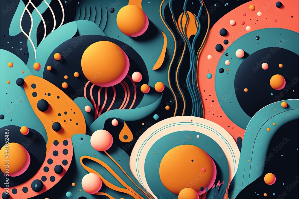 Aufkleber a colorful abstract painting with circles and bubbles on a black background with a blue and orange b