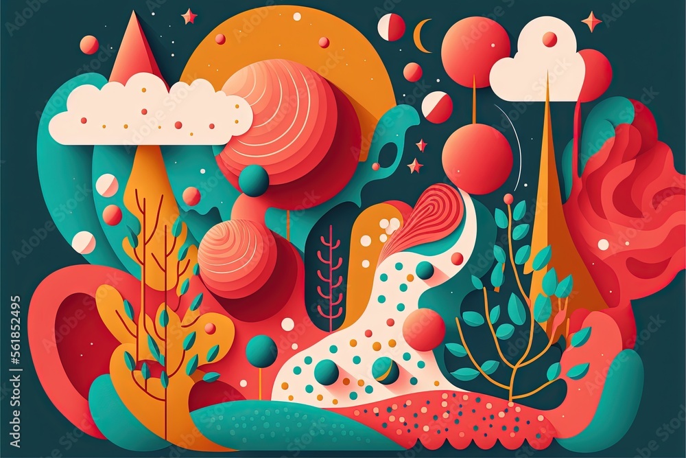 Aufkleber a colorful illustration of a landscape with clouds, plants and stars in the sky, with a blue backgro