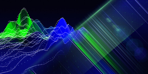 Abstract background contain wireframe graph chaotic noise lines on black. Big Data. Technology polygonal concept in web virtual space. Banner for business, science and technology.