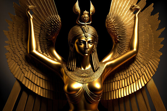 Isis, the golden goddess, has her wings extended. Generative AI