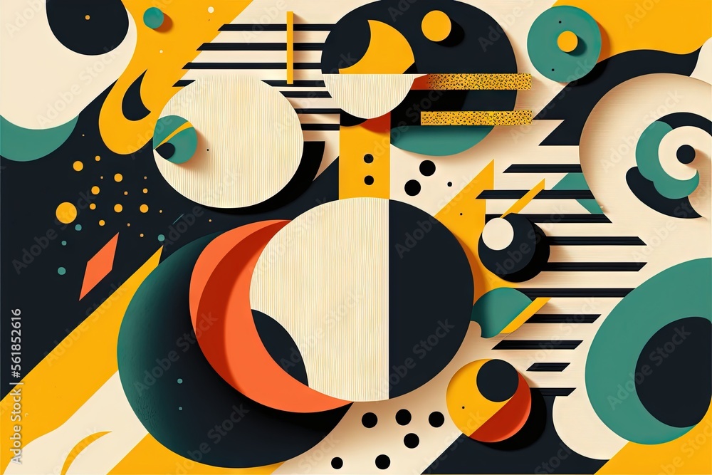 Poster a colorful abstract painting with circles and lines on it's surface, with a gold stripe in the middl