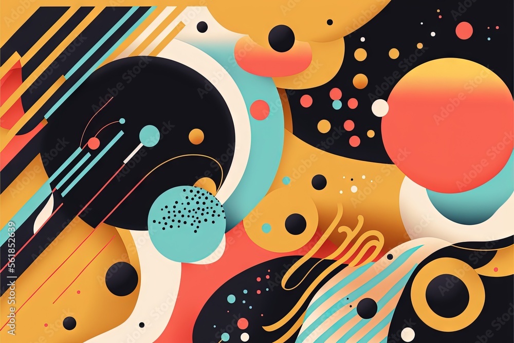Poster a colorful abstract background with circles and lines on it, with a black background and a yellow ba