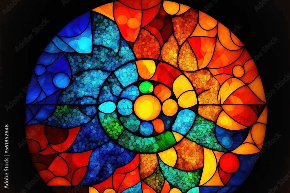 Poster a colorful circular stained glass window with a black background and a black background with a circu