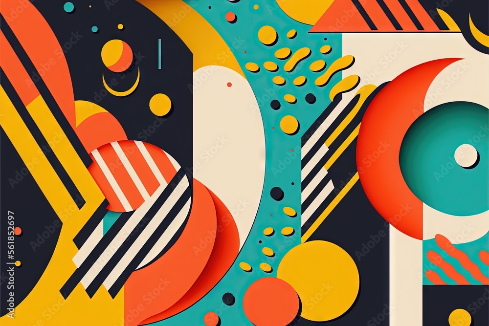 Poster a colorful abstract painting with circles and lines on it's surface, with a blue background and a bl