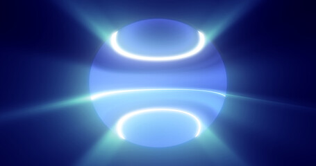 Blue glowing planet star in space glows with bright rays of the sun magical energy lines, shiny circle ball sphere. Abstract background