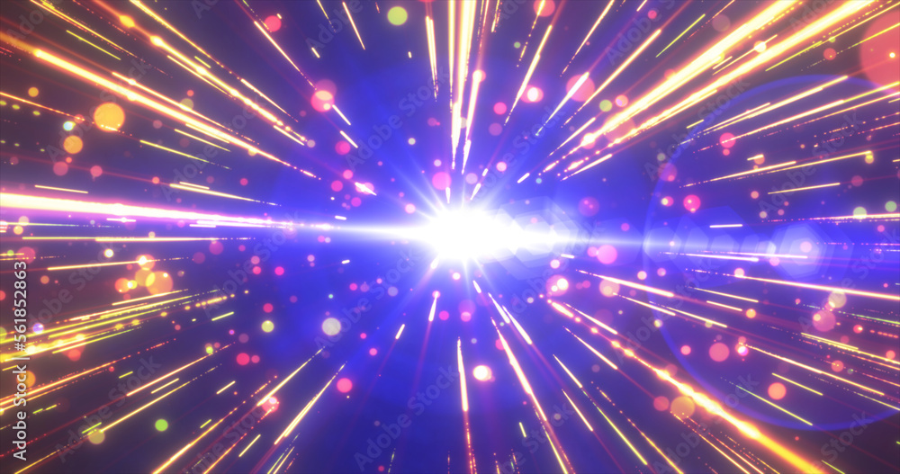 Poster abstract blue yellow flying stars bright glowing in space with particles and magical energy lines in