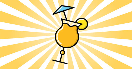 A glass with an alcoholic cocktail with lemon with a straw on a background of yellow abstract sun rays