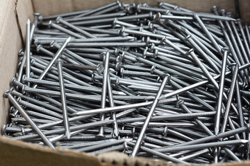 Close up on new metal nails in the box