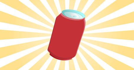 Red aluminum can of beer on a background of yellow abstract sun rays