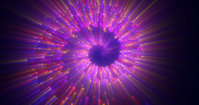Abstract spiral tunnel of beautiful flying glowing magical particles bokeh circles of multicolored purple energy on a dark background. Abstract background
